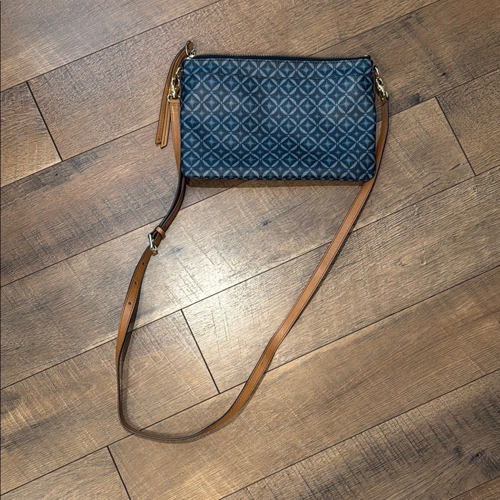 Fossil Navy Geometric Crossbody Bag with Tan Strap